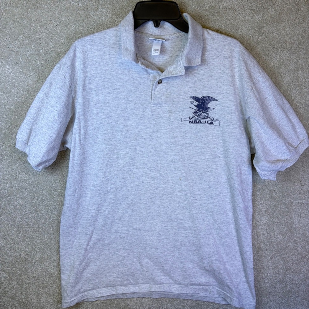 NRA-ILA Anvil Polo Shirt Mens Large Gray Graphic Short Sleeve Retro Patriotic